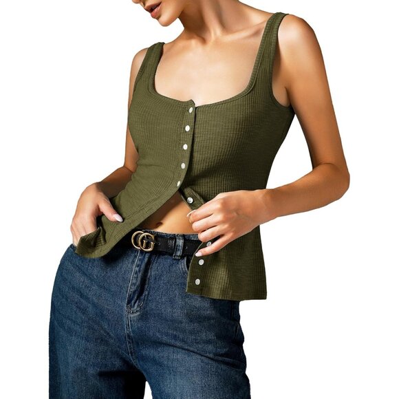 Adorpop Womens Army Green Ribbed Sleeveless Blouses Button Down Henley Shirts - Picture 1 of 5